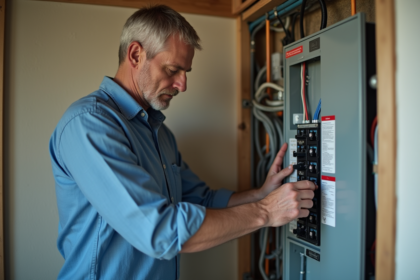 Homme d'âge moyen vérifiant un panneau électrique domestique
