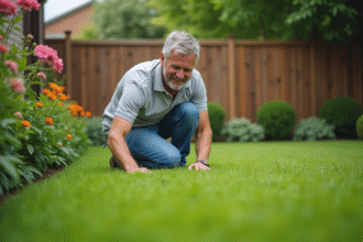 Homme d'âge moyen inspectant le gazon sain dans un jardin