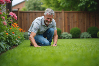 Homme d'âge moyen inspectant le gazon sain dans un jardin