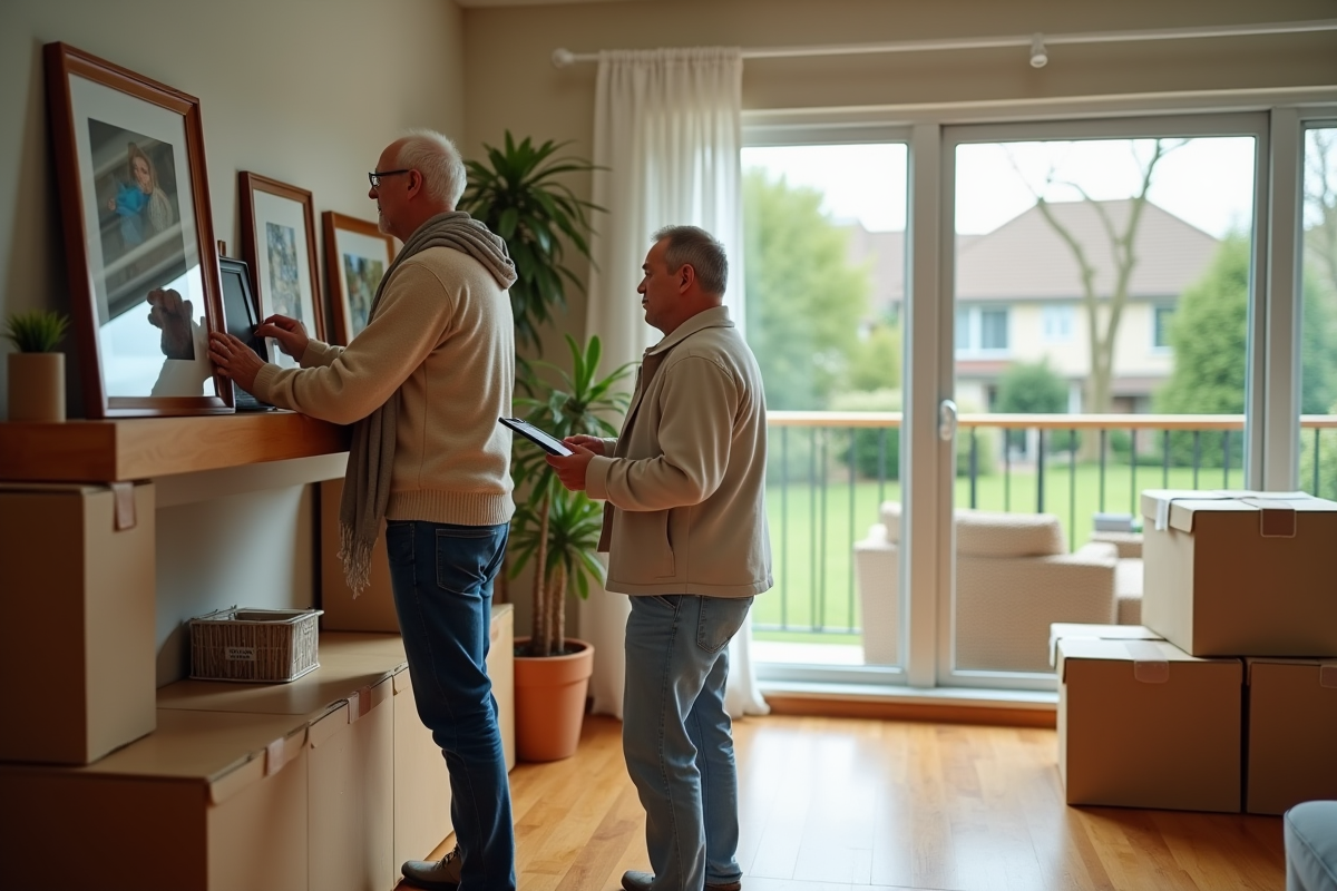 Homme âgé organisant des photos dans un salon lumineux