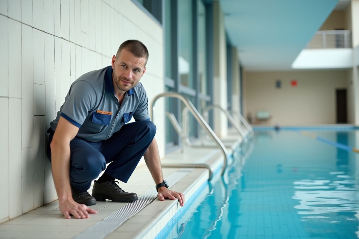 Homme en uniforme installant un luminaire dans une piscine intérieure