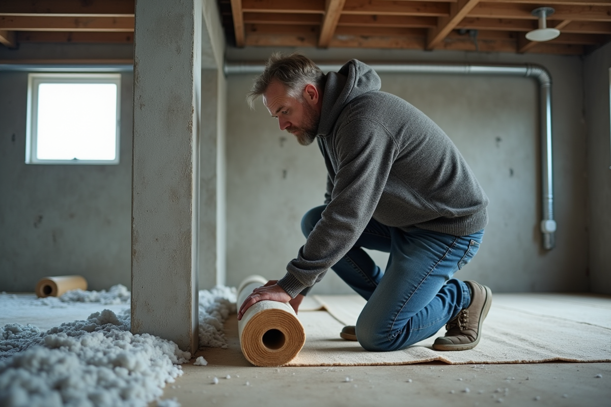 Homme en hiver appliquant de l'isolation dans un sous-sol