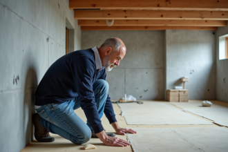 Homme en jeans pose isolation dans un sous-sol moderne