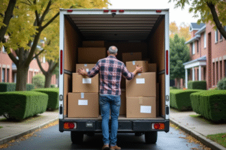 Homme arrangeant des cartons dans un camion de déménagement extérieur