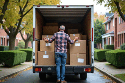 Homme arrangeant des cartons dans un camion de déménagement extérieur
