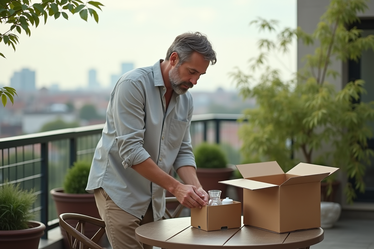 Homme arrangeant des objets sur une table en terrasse urbaine