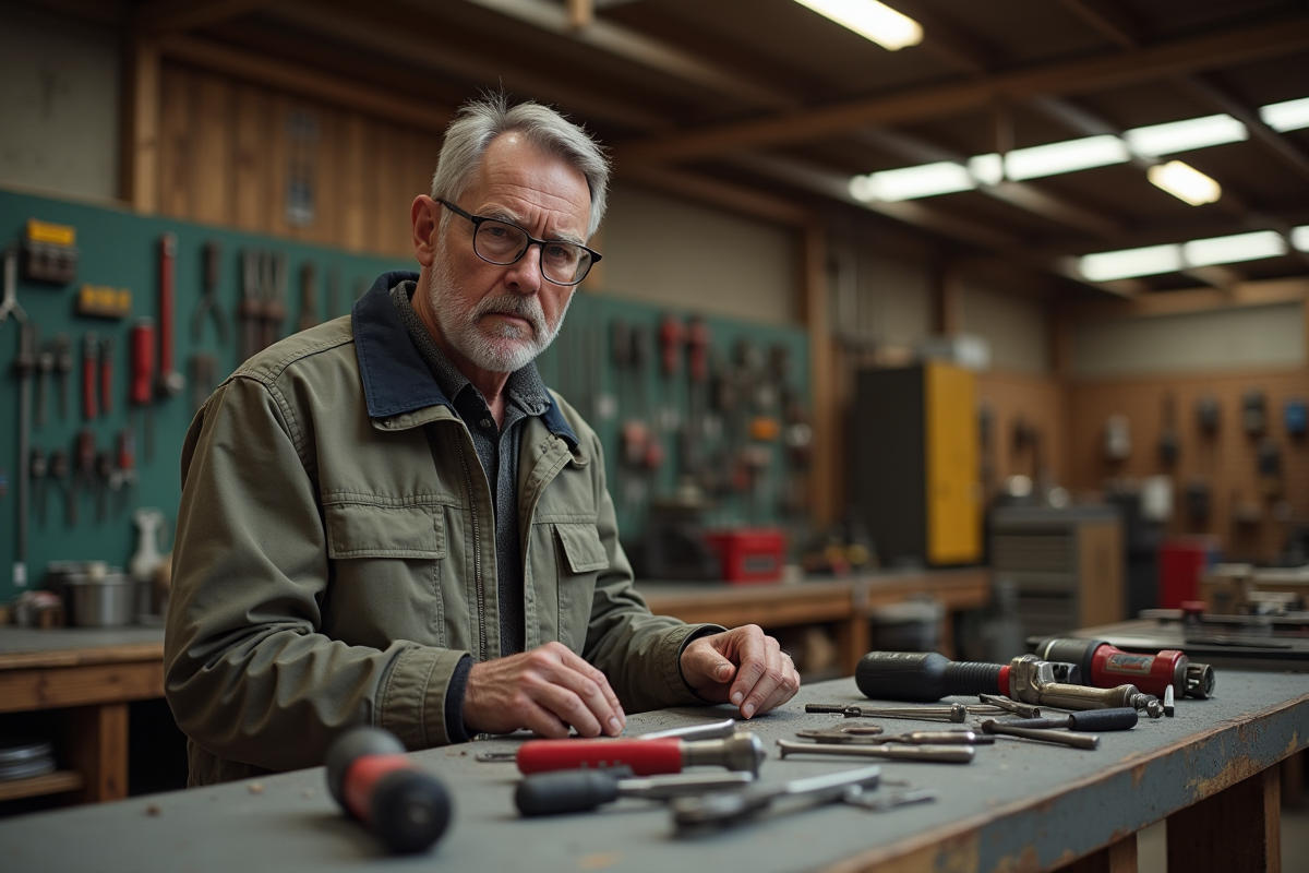 Homme en tenue de travail dans un atelier organisé