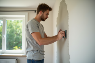 Homme en train de poncer un mur intérieur en rénovation