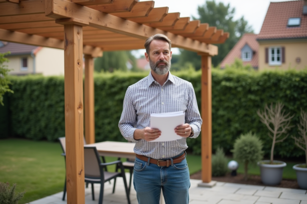 Homme d'âge moyen près d'une pergola en bois dans un jardin résidentiel
