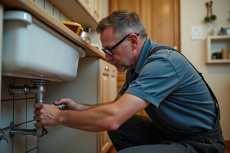Homme en overalls serrant un joint de tuyau sous l'évier