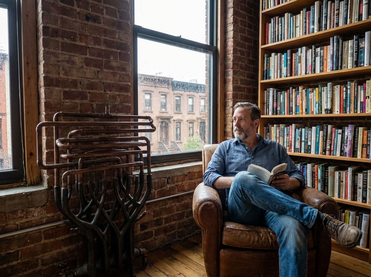 Homme assis près d’un radiateur design dans un coin lecture cosy