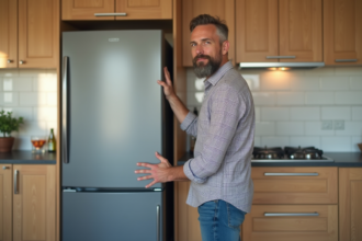 Homme d'âge moyen près d'un frigo dans une cuisine moderne