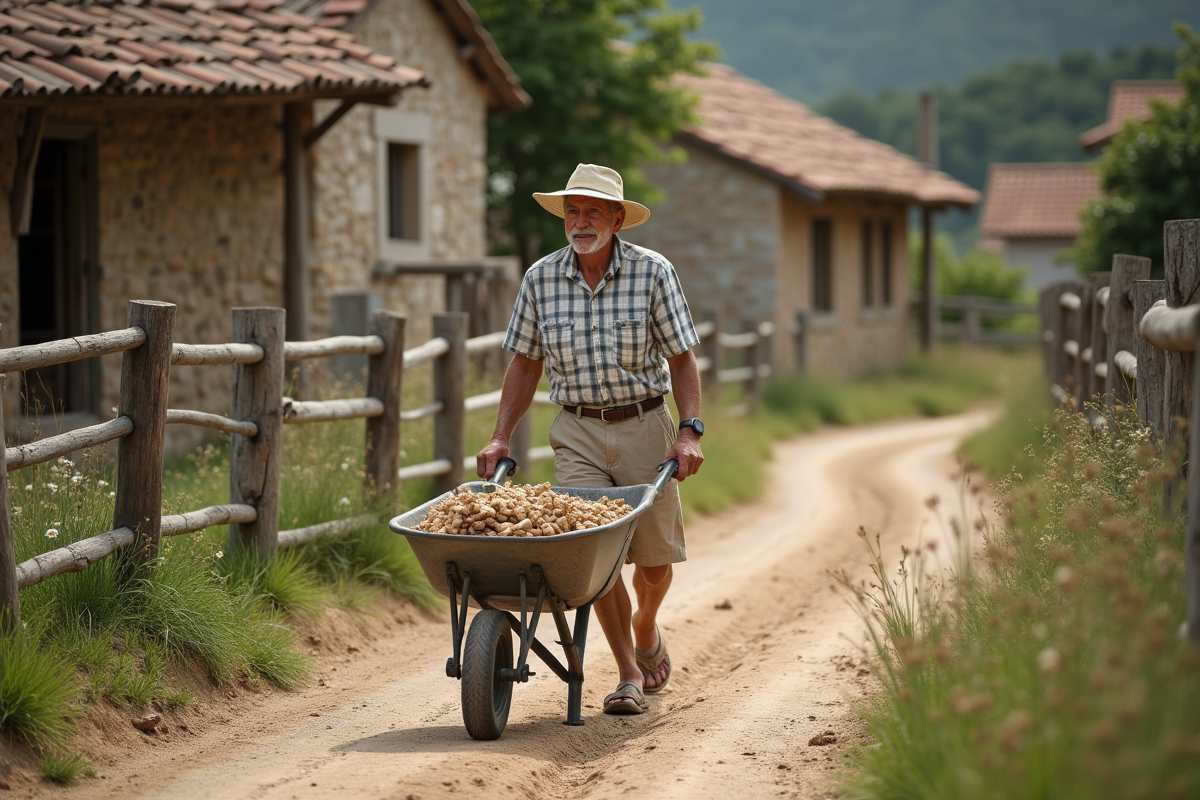Homme âgé marchant avec brouette dans un village rural