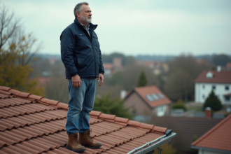 Homme d'âge moyen sur un toit résidentiel en pleine nature