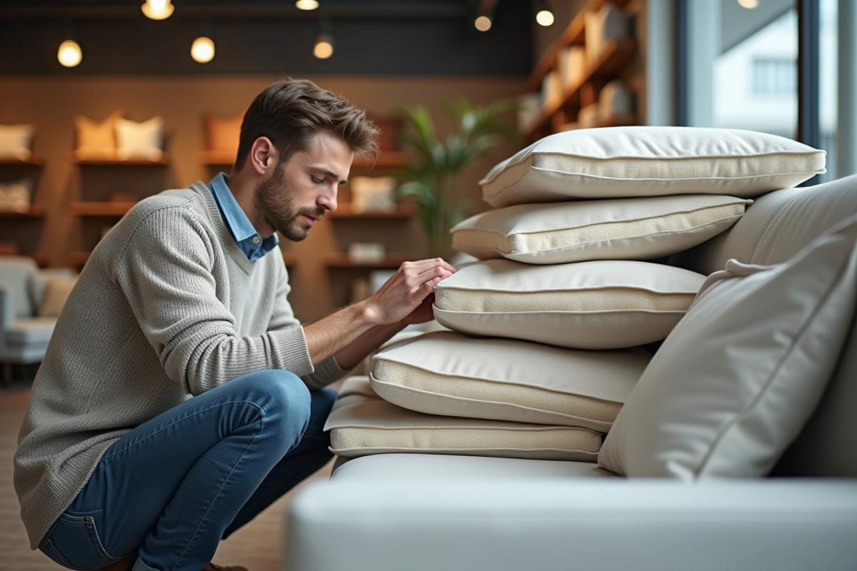 Jeune homme vérifiant la structure des coussins de sofa en magasin