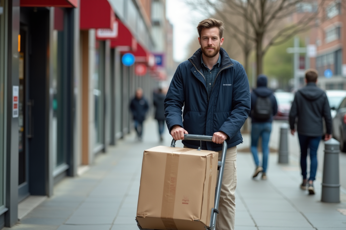 Jeune homme poussant une caisse dans la rue urbaine