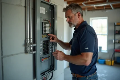 Homme d'âge moyen examinant un tableau électrique moderne