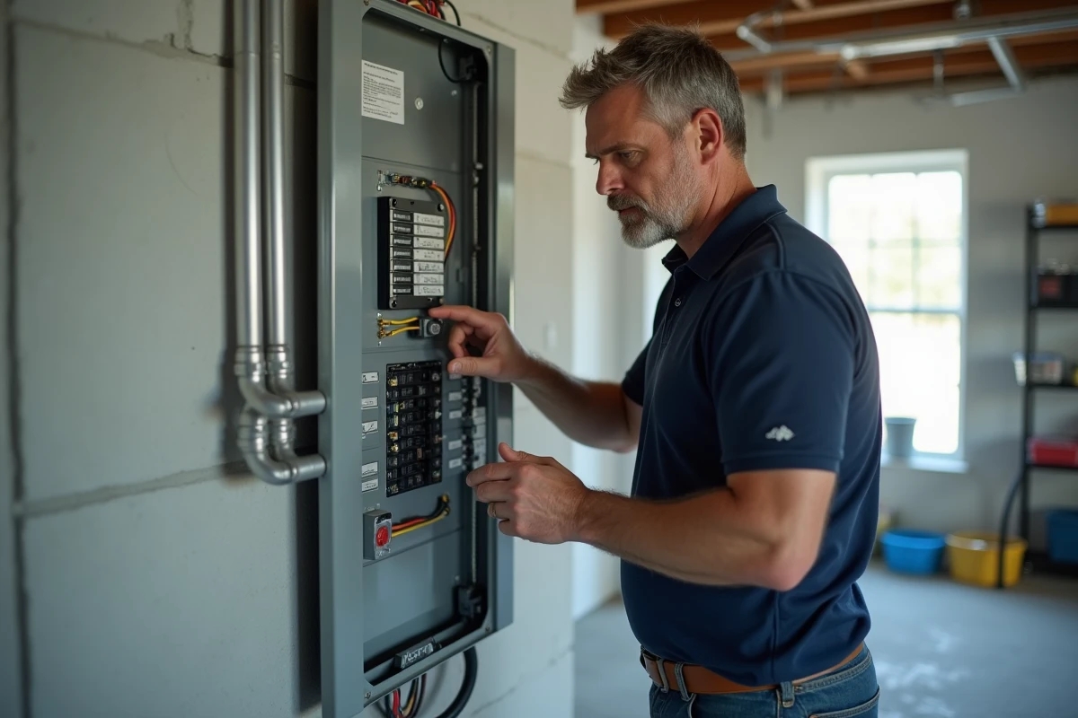 Homme d'âge moyen examinant un tableau électrique moderne