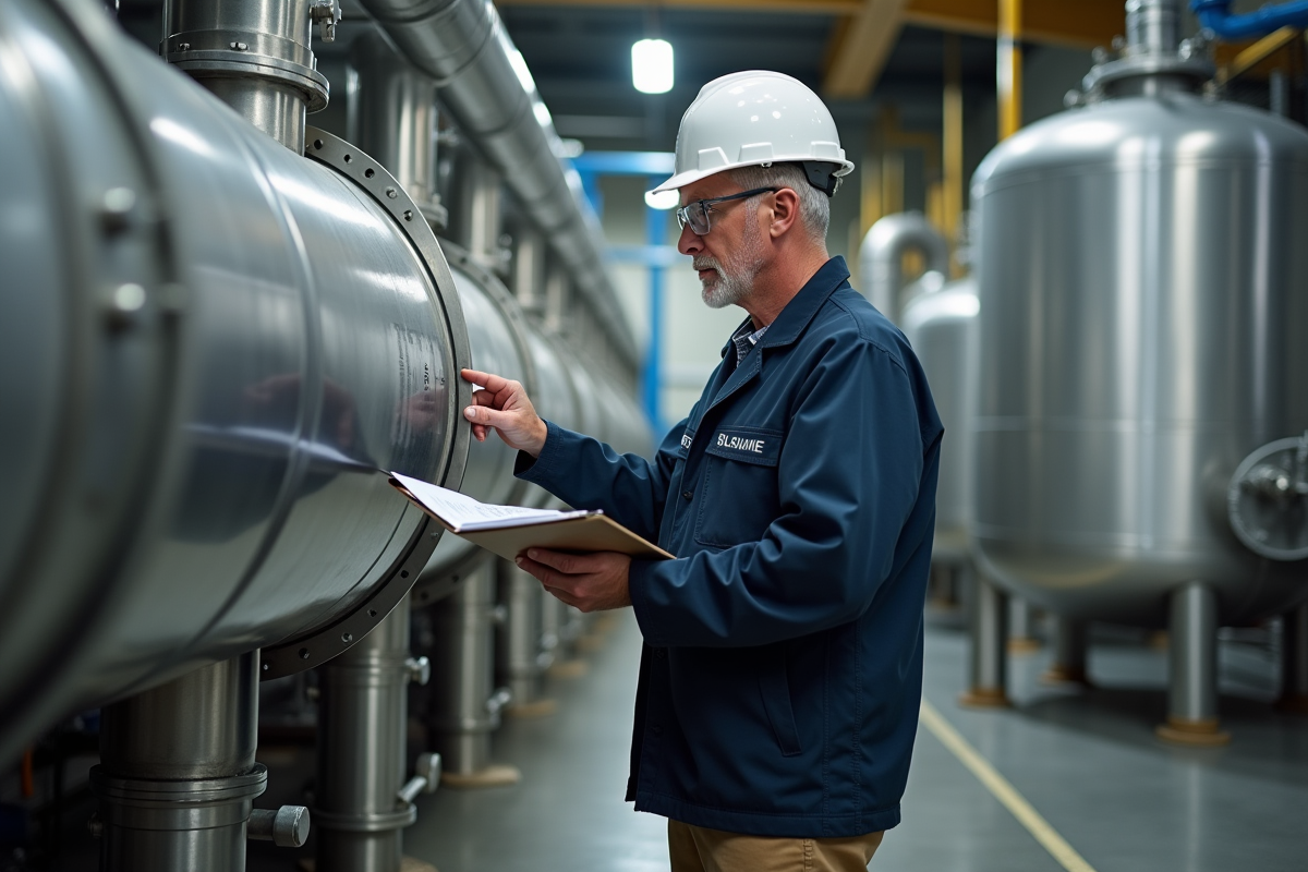 Ingénieur homme inspectant un tuyau en acier inoxydable