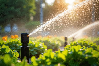 Jardin vert avec système d'irrigation automatique en action