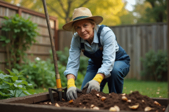 Femme en tenue de jardinage tourne compost dans le jardin