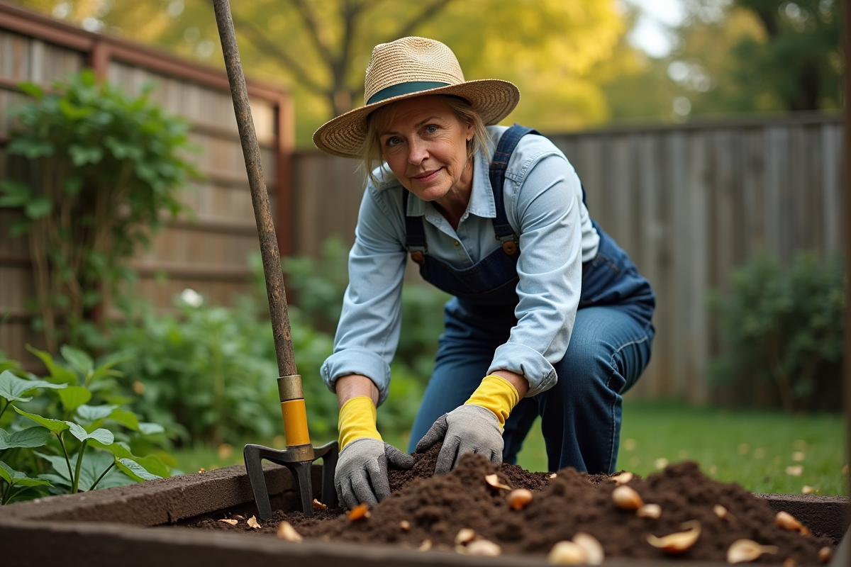 Femme en tenue de jardinage tourne compost dans le jardin