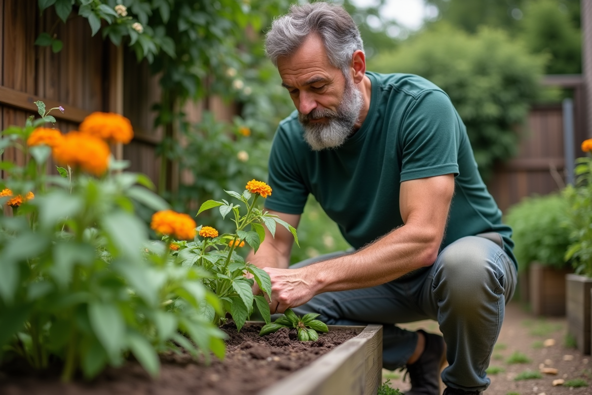 Homme avec barbe cultivant basilic et souci dans le jardin