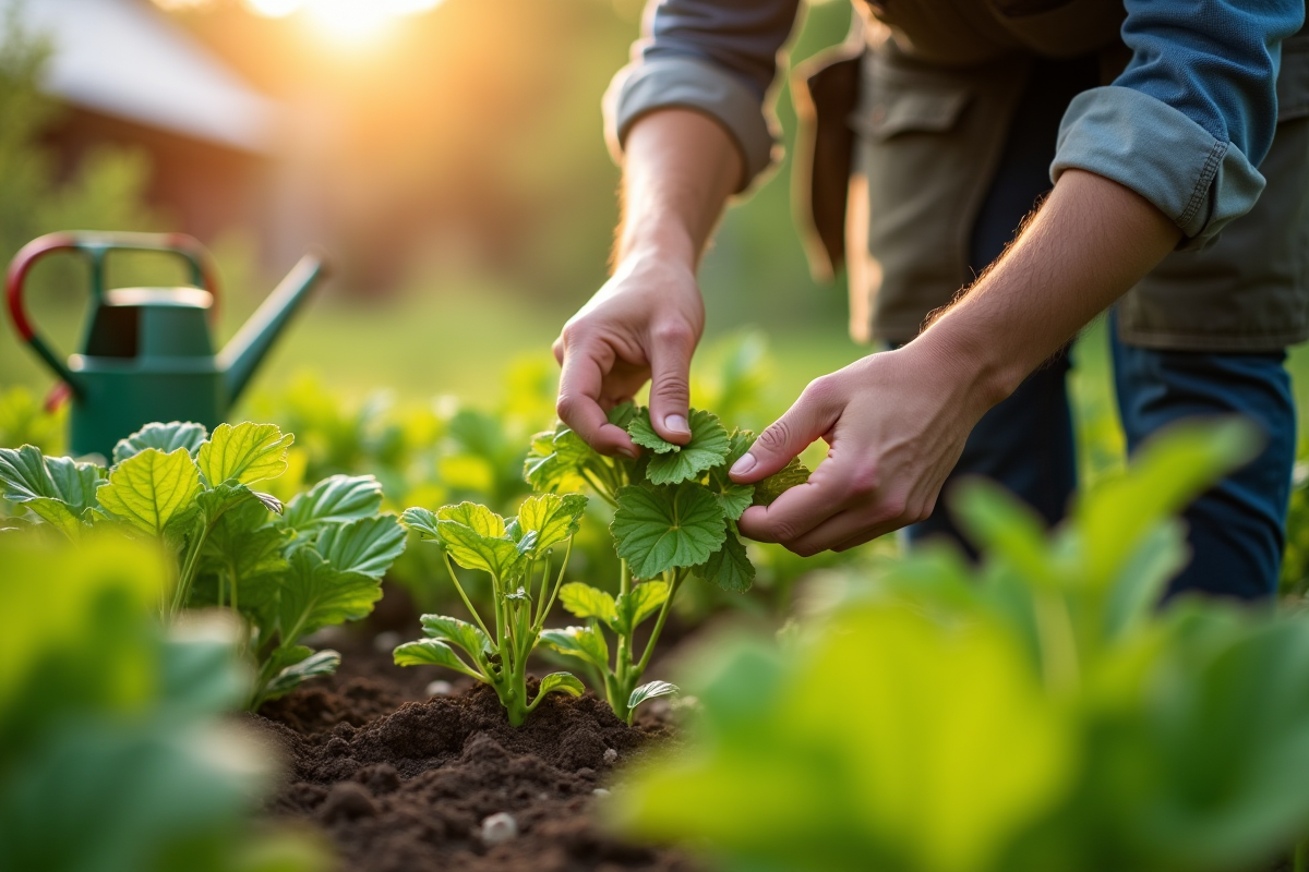 Mains de jardinier arrachant des mauvaises herbes dans un jardin bio