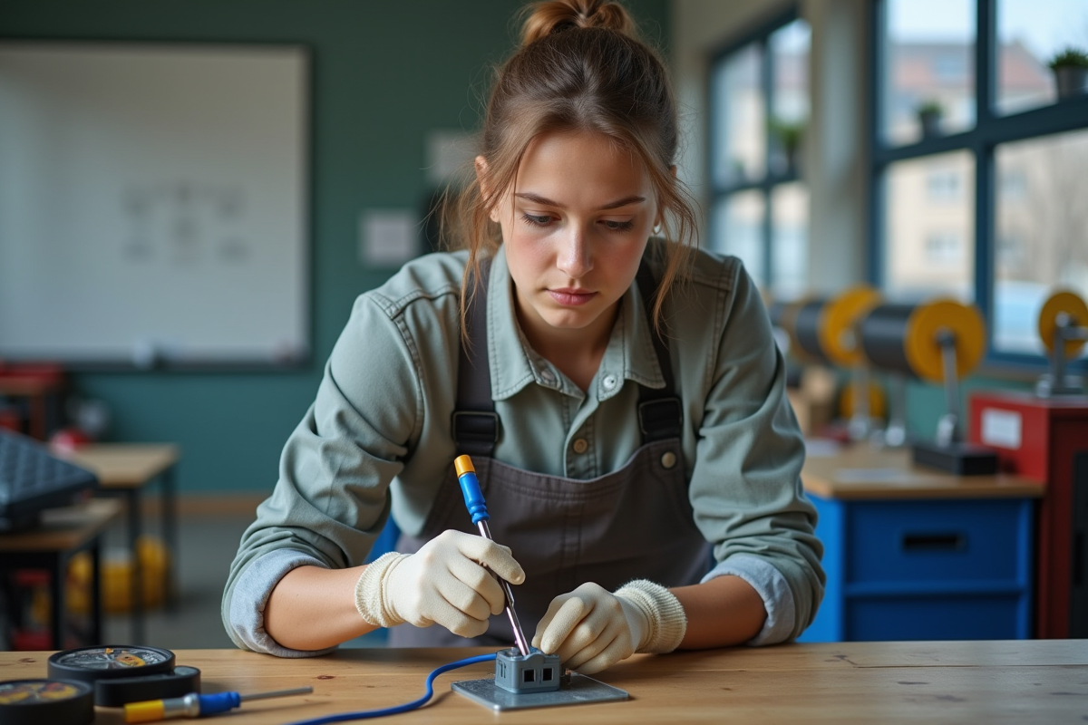 Jeune apprentie câblant une prise électrique en atelier