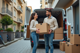 Jeune couple français déchargeant des cartons devant un appartement