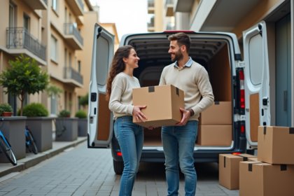 Jeune couple français déchargeant des cartons devant un appartement
