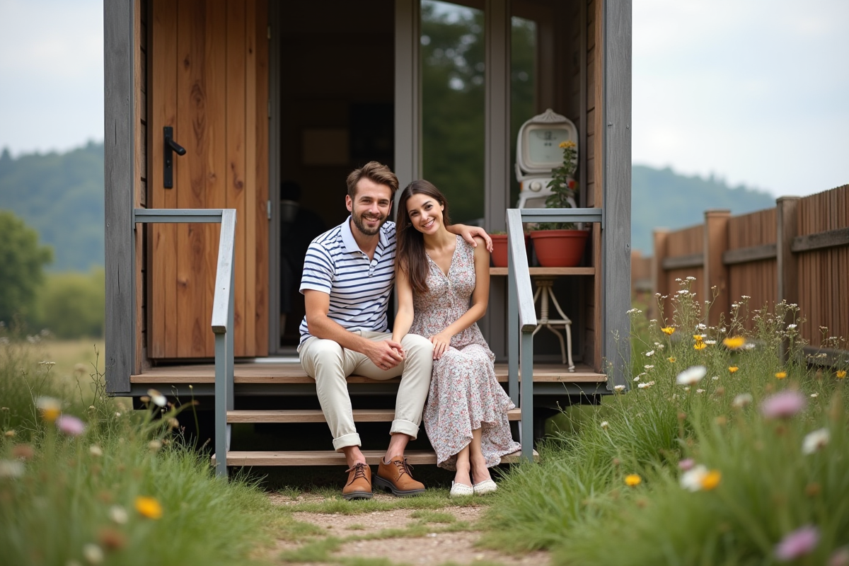 Jeune couple souriant sur les marches de leur tiny house