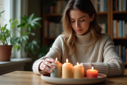 Jeune femme arrangeant des bougies colorées dans un salon chaleureux
