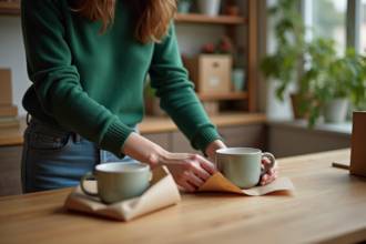 Jeune femme emballant des mugs en papier recyclé dans une cuisine chaleureuse