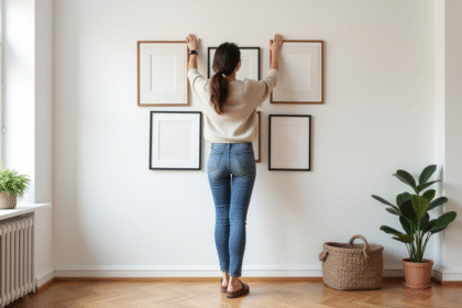 Jeune femme mesure des œuvres d'art sur un mur blanc