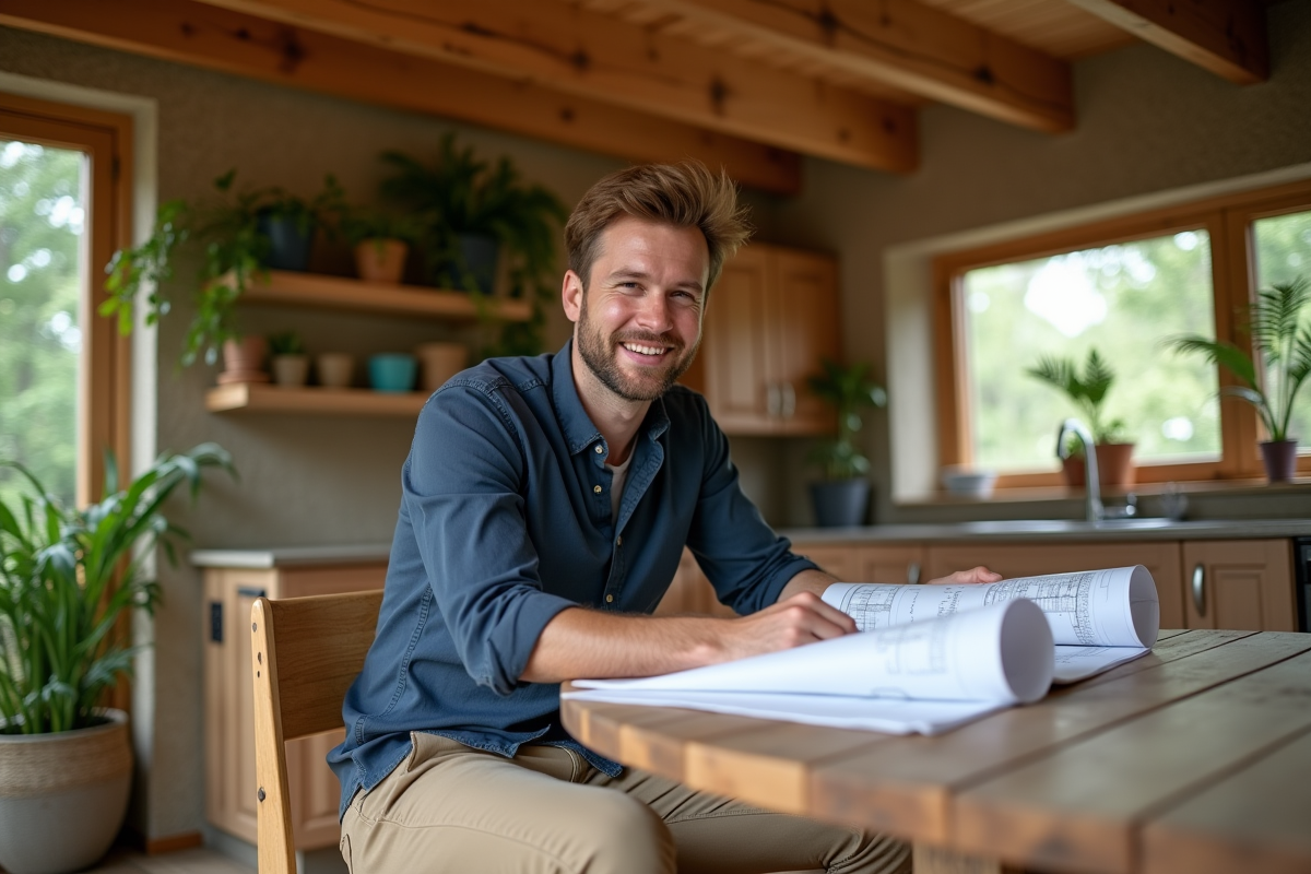 Jeune homme examinant des plans dans une cuisine écologique