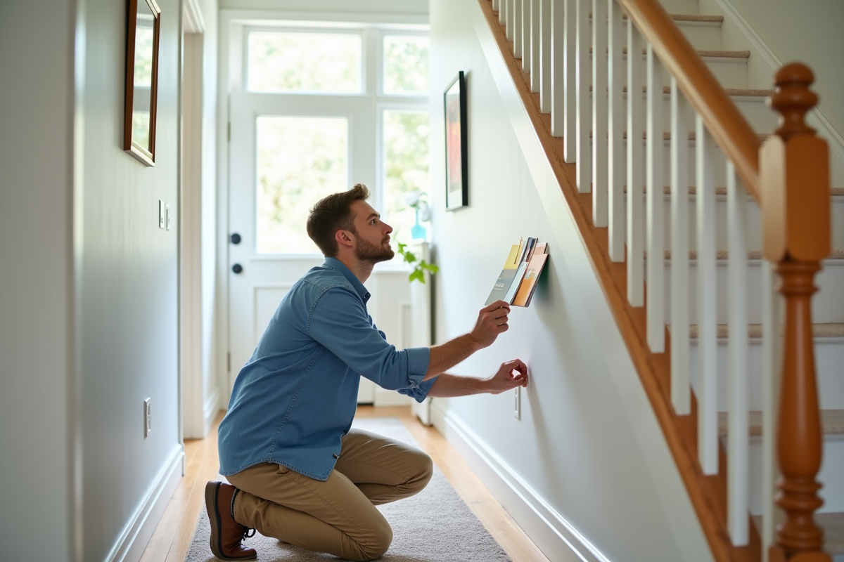 Jeune homme tenant des échantillons de peinture près d