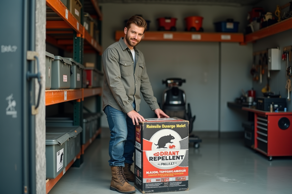 Jeune homme posant un répulsif dans le garage