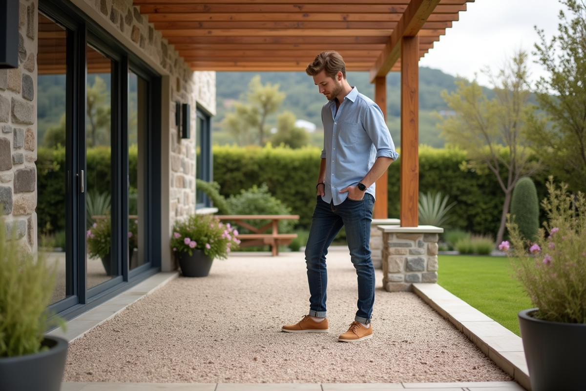 Jeune homme examinant un patio en gravier