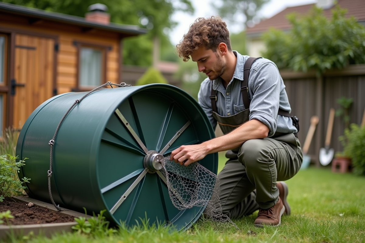 Jeune homme attache filet autour composteur dans le jardin
