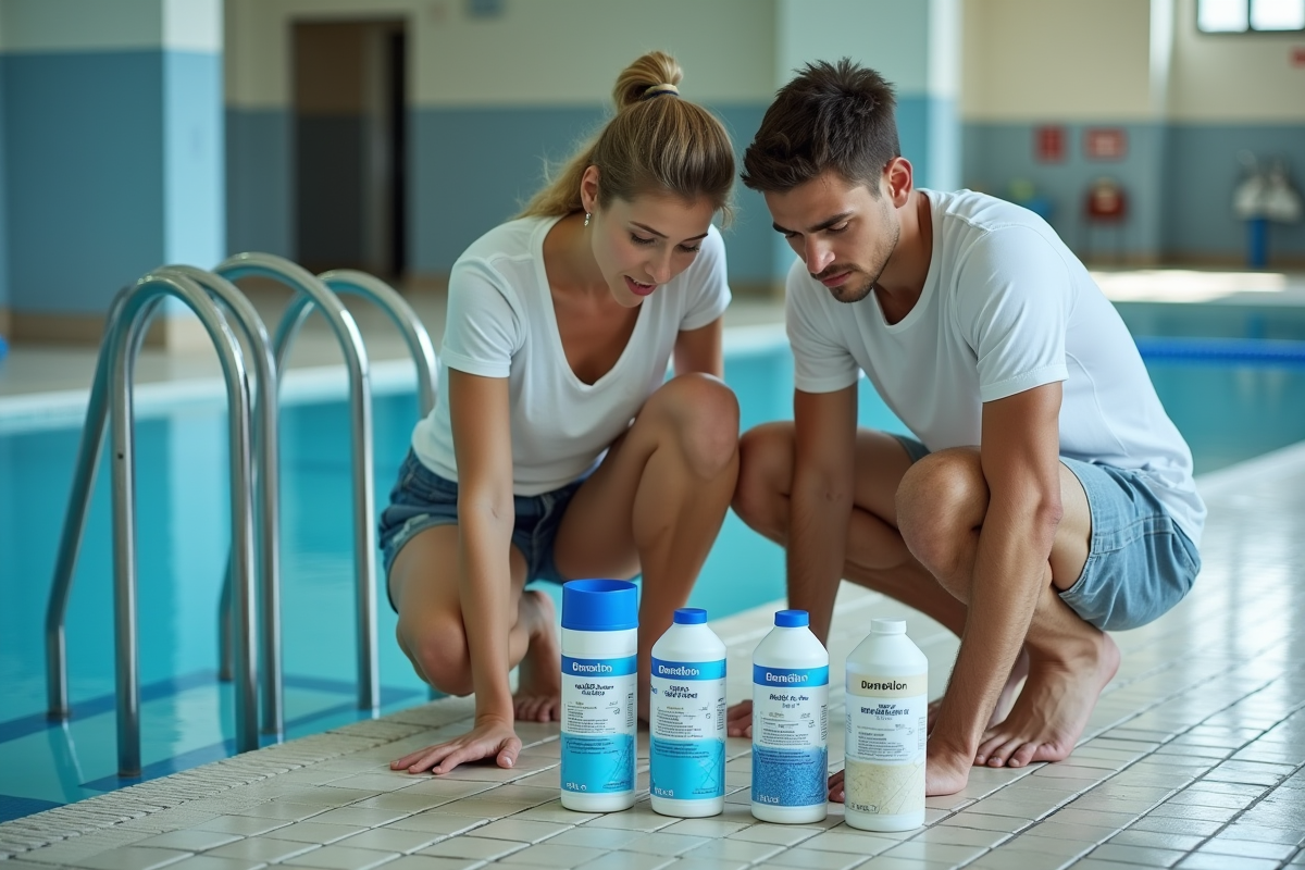 Jeunes adultes comparant produits de chlore piscine