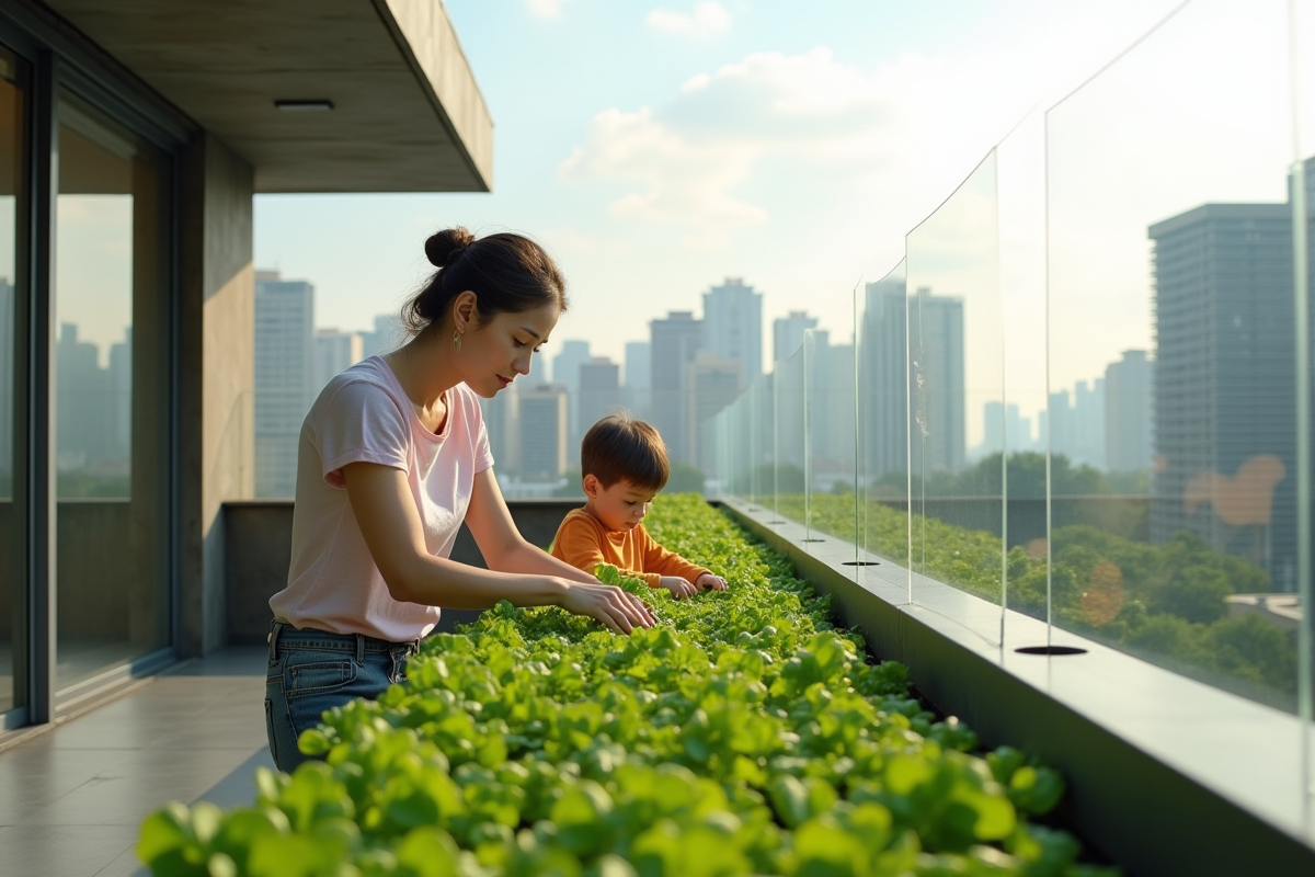 Mère et enfant cultivant des plantes hydroponiques sur un balcon