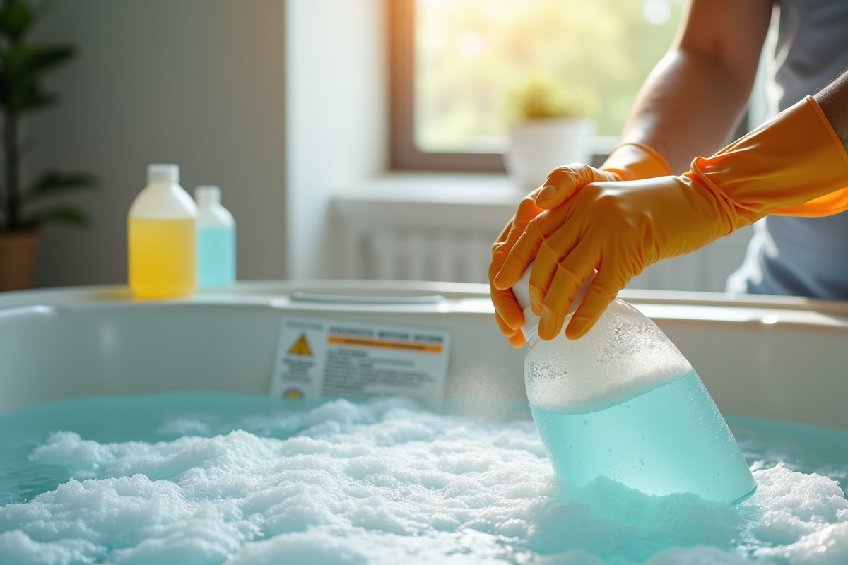 Main en gants manipulant produits chimiques pour spa
