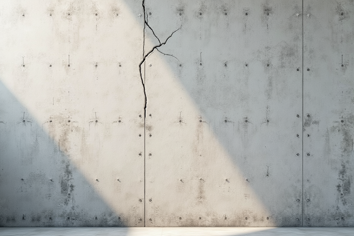 Zoom sur un mur en béton fissuré avec lumière naturelle