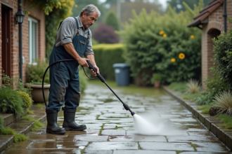Ouvrier nettoyant une allée en pierre avec un nettoyeur haute pression