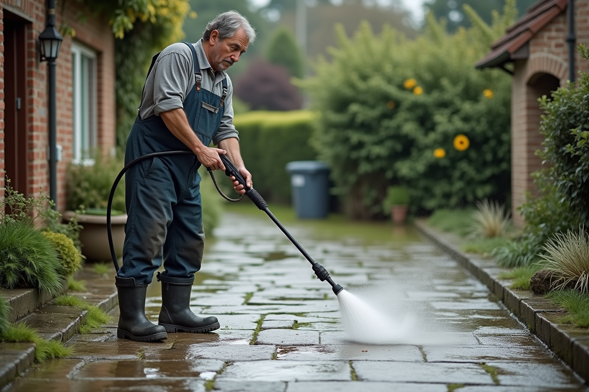 Ouvrier nettoyant une allée en pierre avec un nettoyeur haute pression