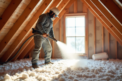 Ouvrier en protection soufflant de l'isolation dans un grenier