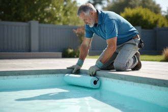 Ouvrier appliquant l'étanchéité dans une piscine