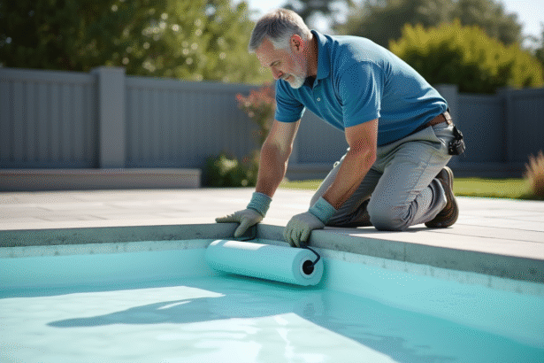 Ouvrier appliquant l'étanchéité dans une piscine