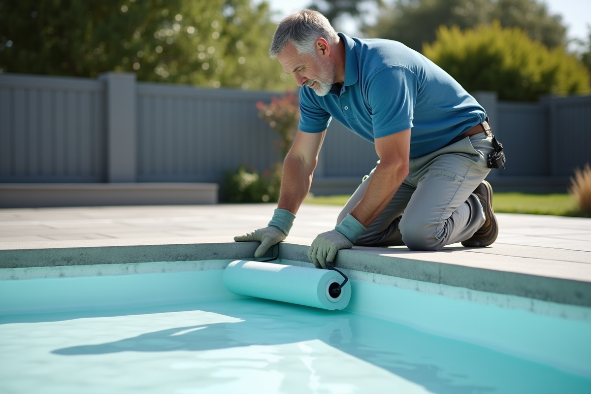 Ouvrier appliquant l'étanchéité dans une piscine